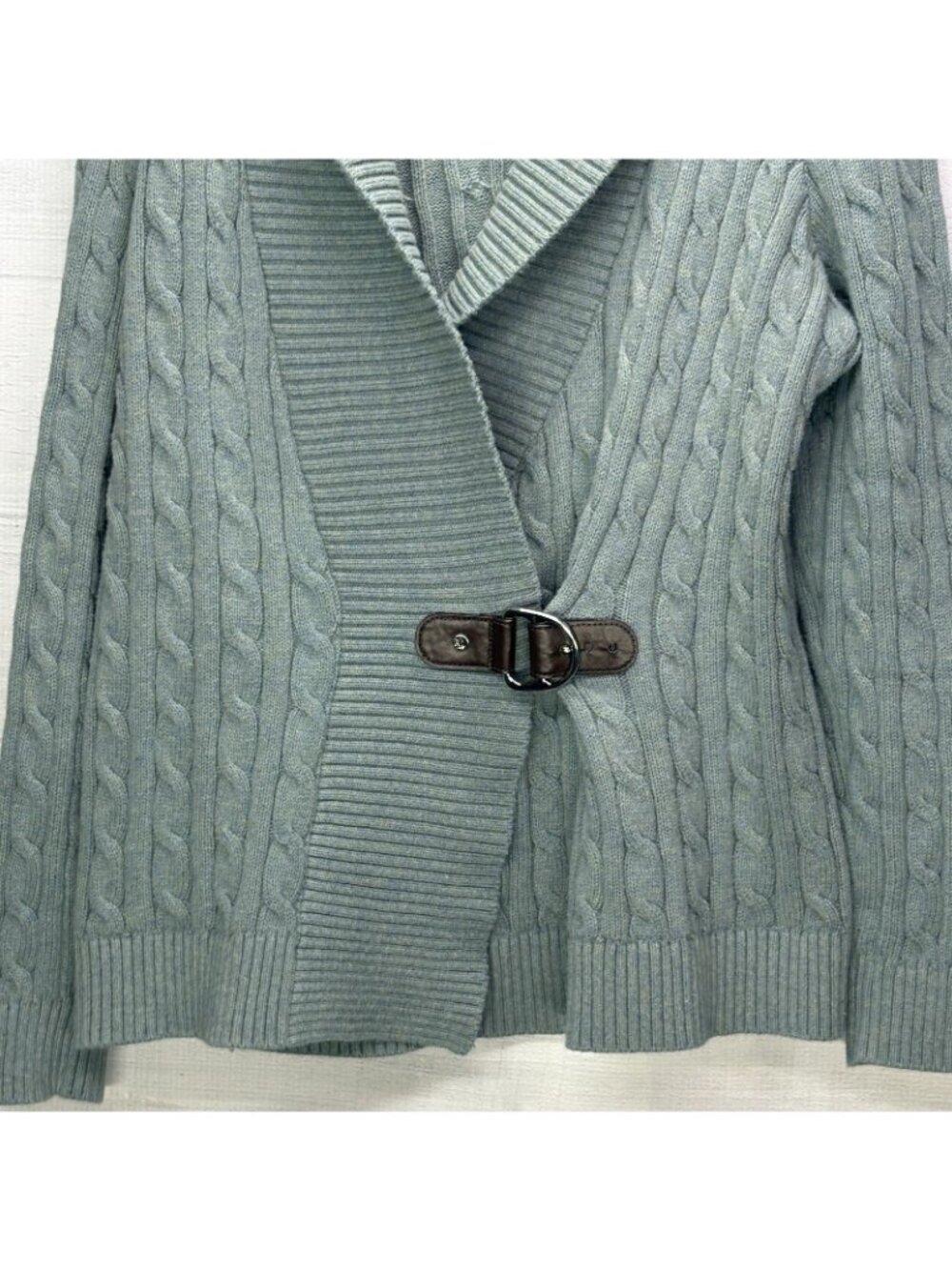 Lauren Ralph Lauren Cardigan Women XL Sage Cable Knit Cotton Shawl Collar Buckle - Picture 5 of 11